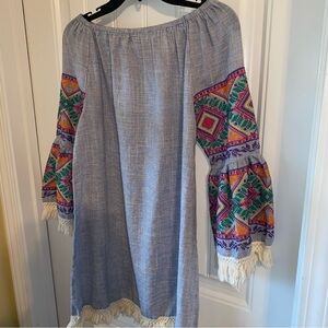 Velzera women’s Boho Aztec embroidered peasant bell sleeve tunic dress/fringe G